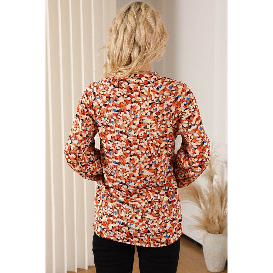 Printed Notched Balloon Sleeve Blouse Apparel and Accessories