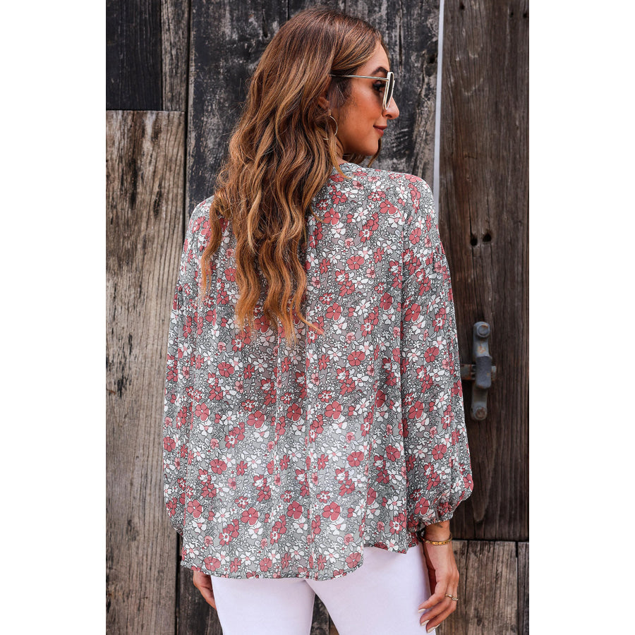 Printed Notched Balloon Sleeve Blouse Apparel and Accessories