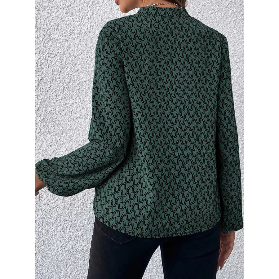 Printed Notched Balloon Sleeve Blouse Dark Green / S Apparel and Accessories