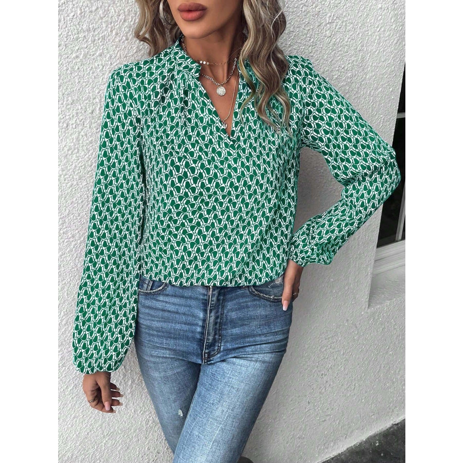 Printed Notched Balloon Sleeve Blouse Green / S Apparel and Accessories