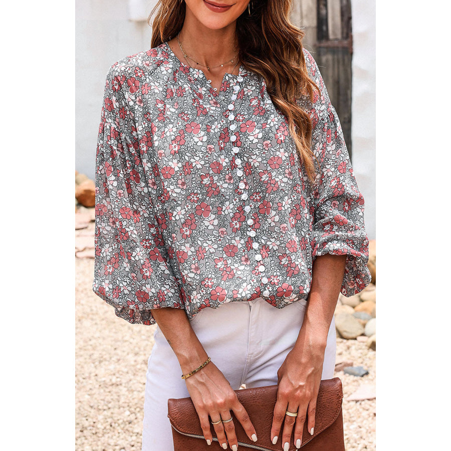 Printed Notched Balloon Sleeve Blouse Heather Gray / S Apparel and Accessories