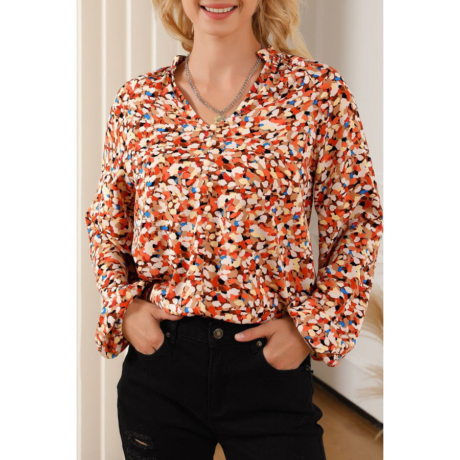 Printed Notched Balloon Sleeve Blouse Multicolor / S Apparel and Accessories