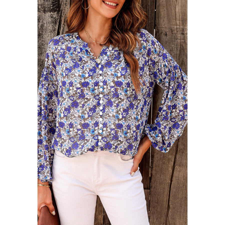 Printed Notched Balloon Sleeve Blouse Periwinkle / S Apparel and Accessories