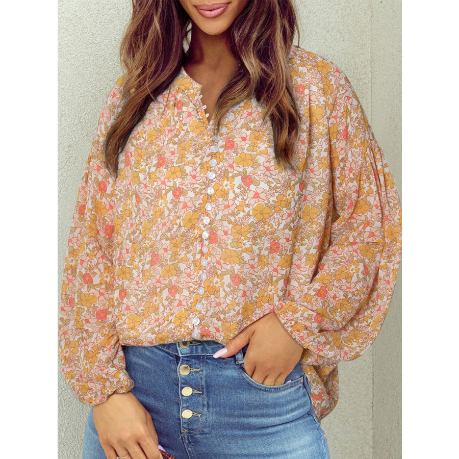 Printed Notched Balloon Sleeve Blouse Tan / S Apparel and Accessories