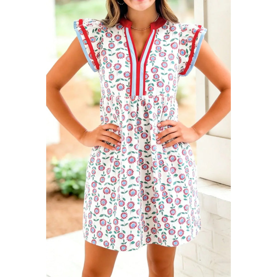 Printed Notched Cap Sleeve Dress Apparel and Accessories