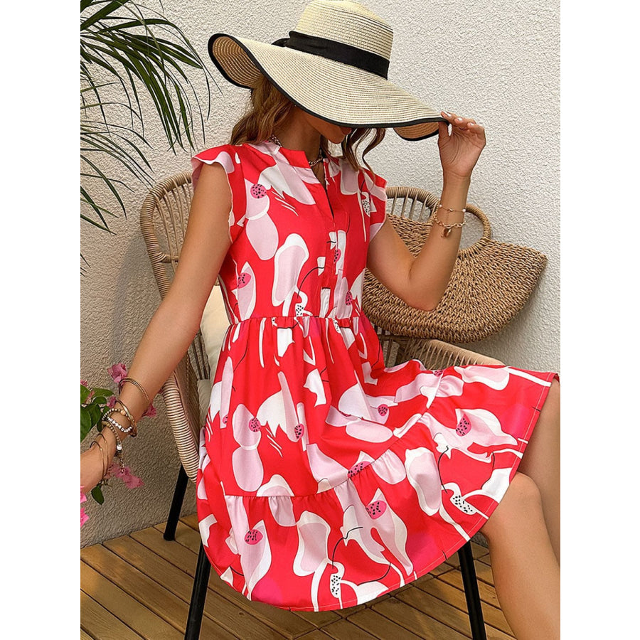 Printed Notched Cap Sleeve Dress Strawberry / S Apparel and Accessories