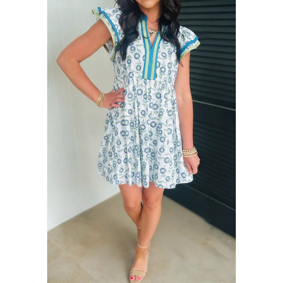 Printed Notched Cap Sleeve Dress Apparel and Accessories