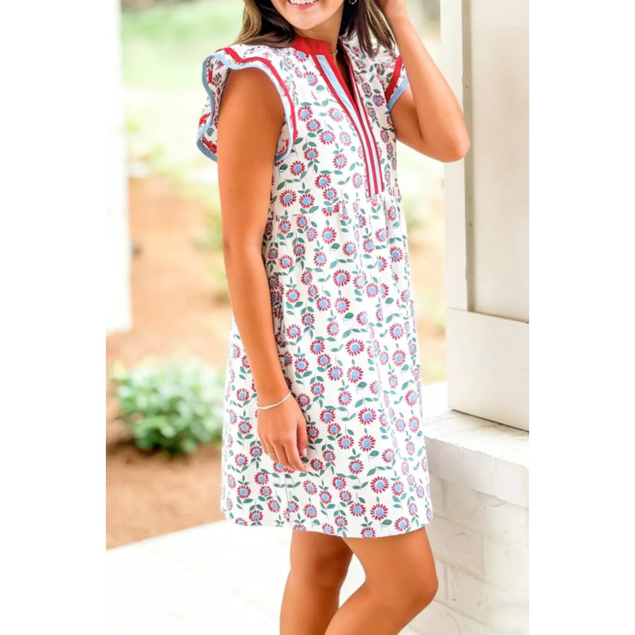 Printed Notched Cap Sleeve Dress Apparel and Accessories