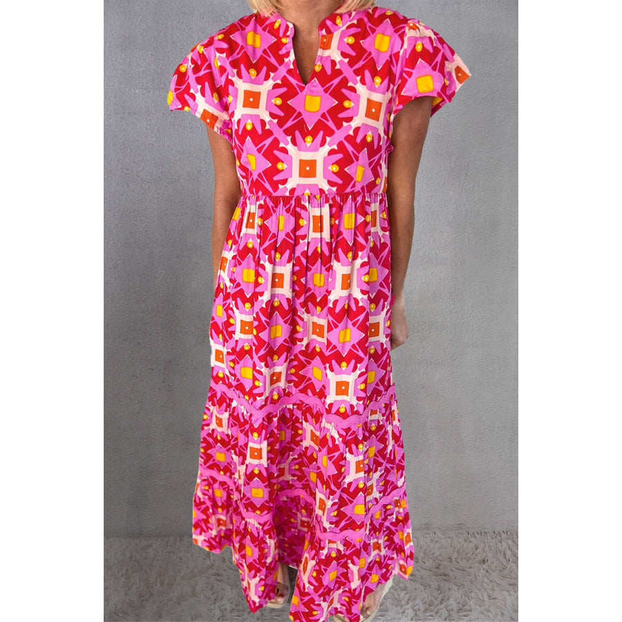 Printed Notched Cap Sleeve Dress Hot Pink / S Dress