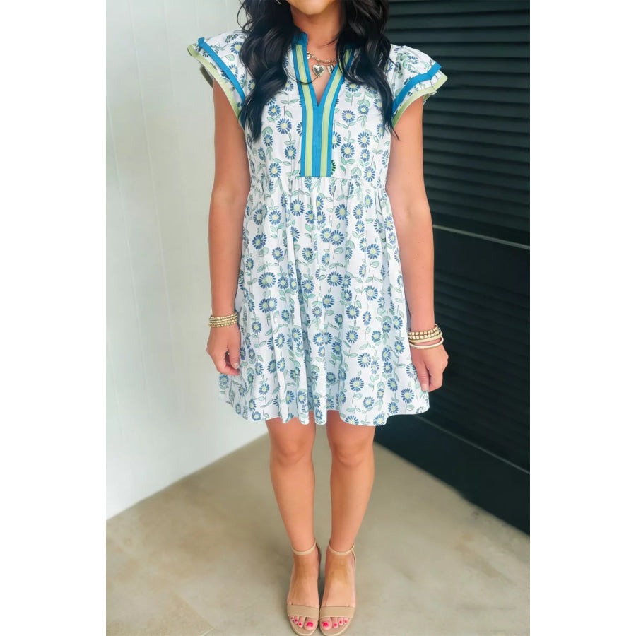 Printed Notched Cap Sleeve Dress Pastel Blue / S Apparel and Accessories