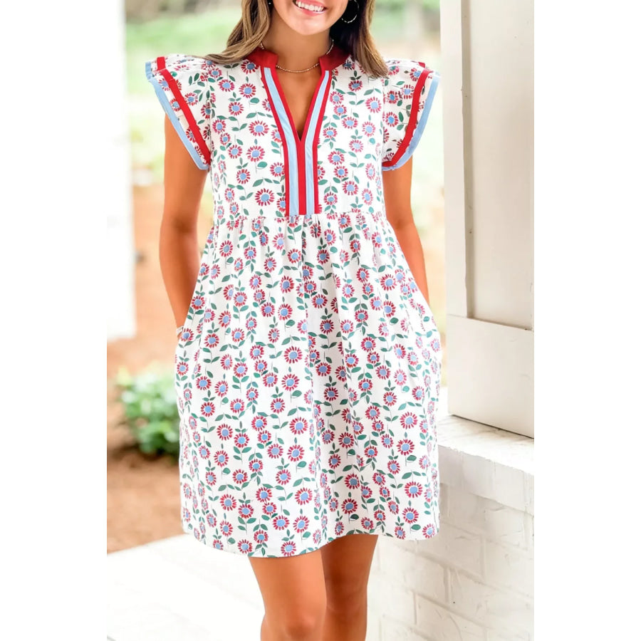 Printed Notched Cap Sleeve Dress Strawberry / S Apparel and Accessories