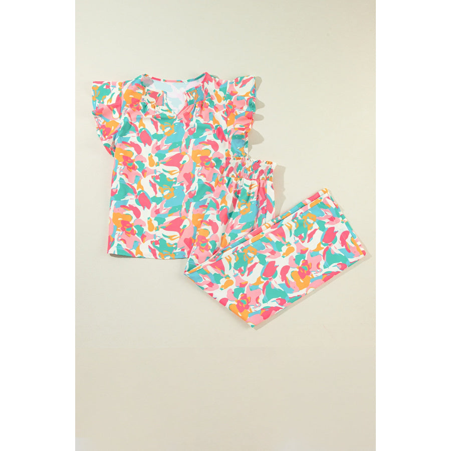 Printed Notched Cap Sleeve Top and Pants Set Strawberry / S Apparel and Accessories