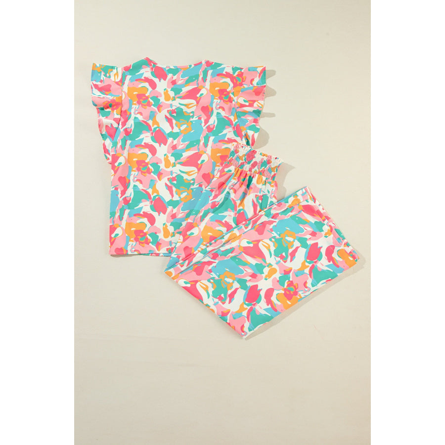 Printed Notched Cap Sleeve Top and Pants Set Apparel and Accessories