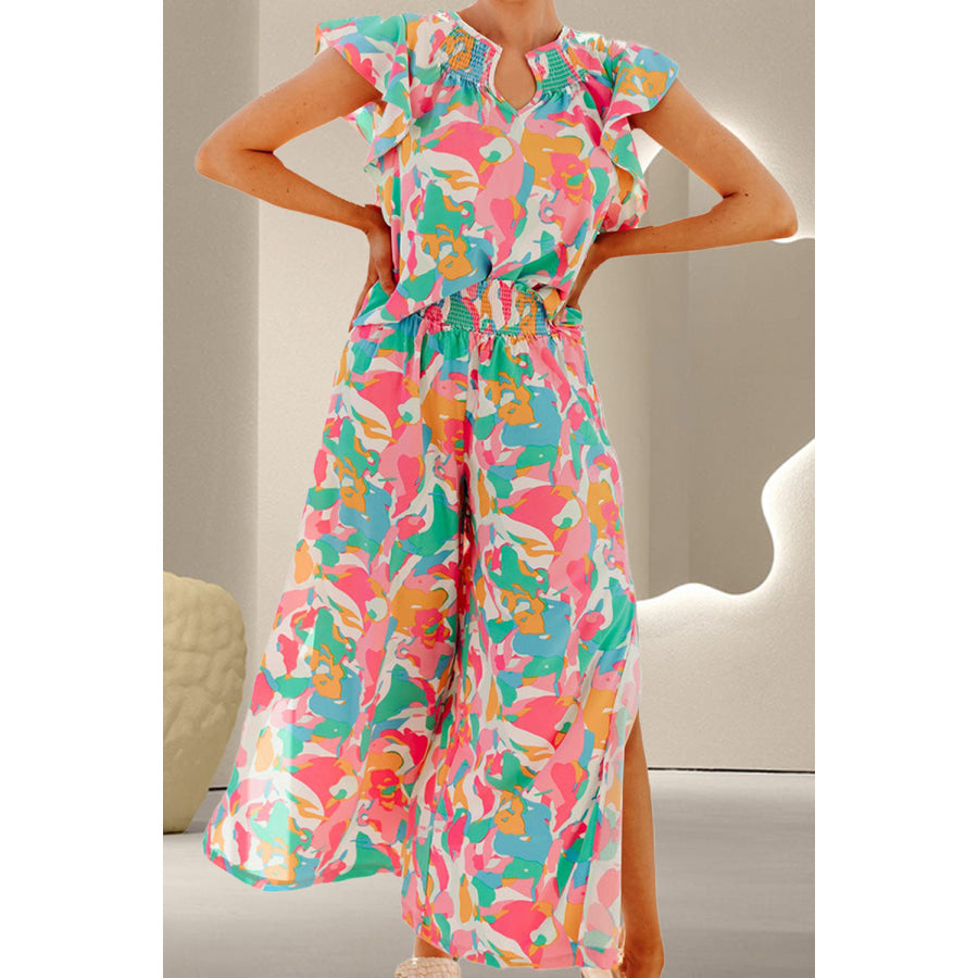 Printed Notched Cap Sleeve Top and Pants Set Strawberry / S Apparel and Accessories