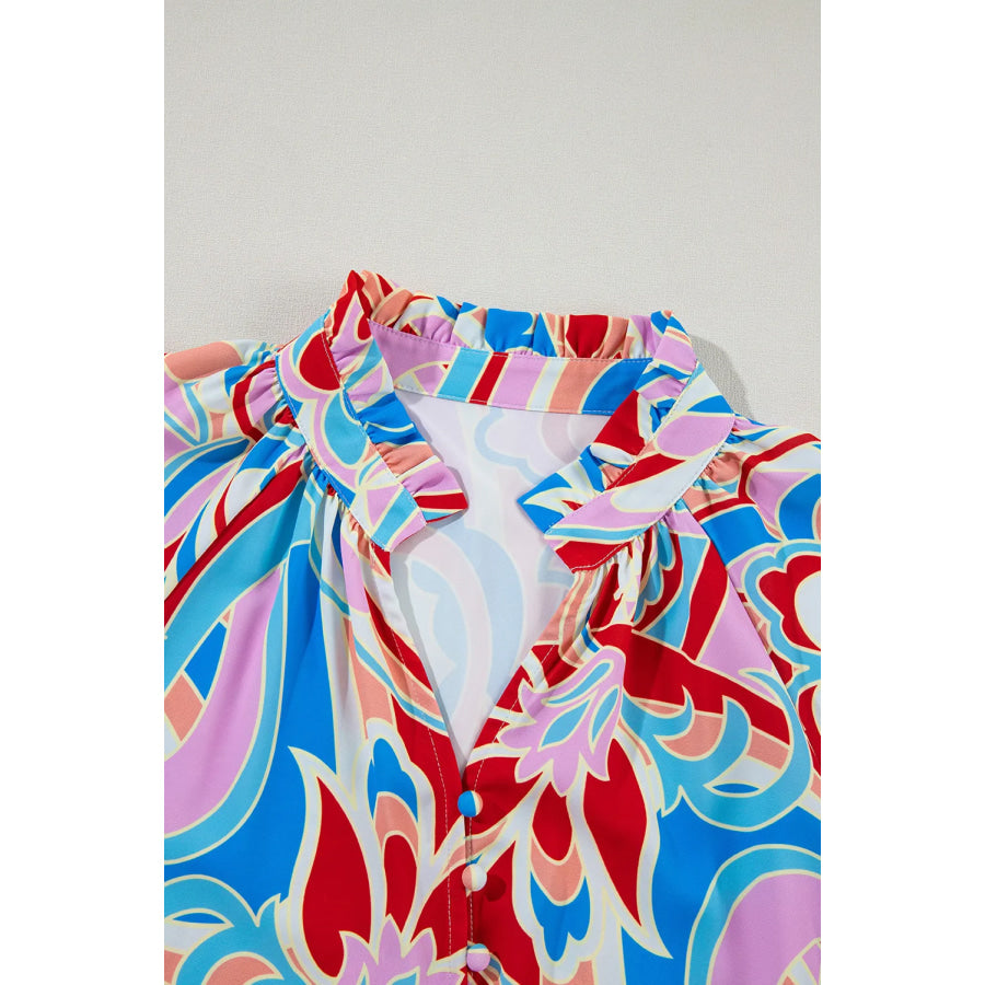 Printed Notched Flounce Sleeve Blouse Apparel and Accessories