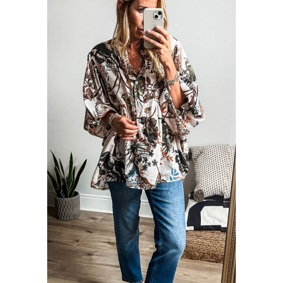 Printed Notched Flounce Sleeve Blouse Apparel and Accessories