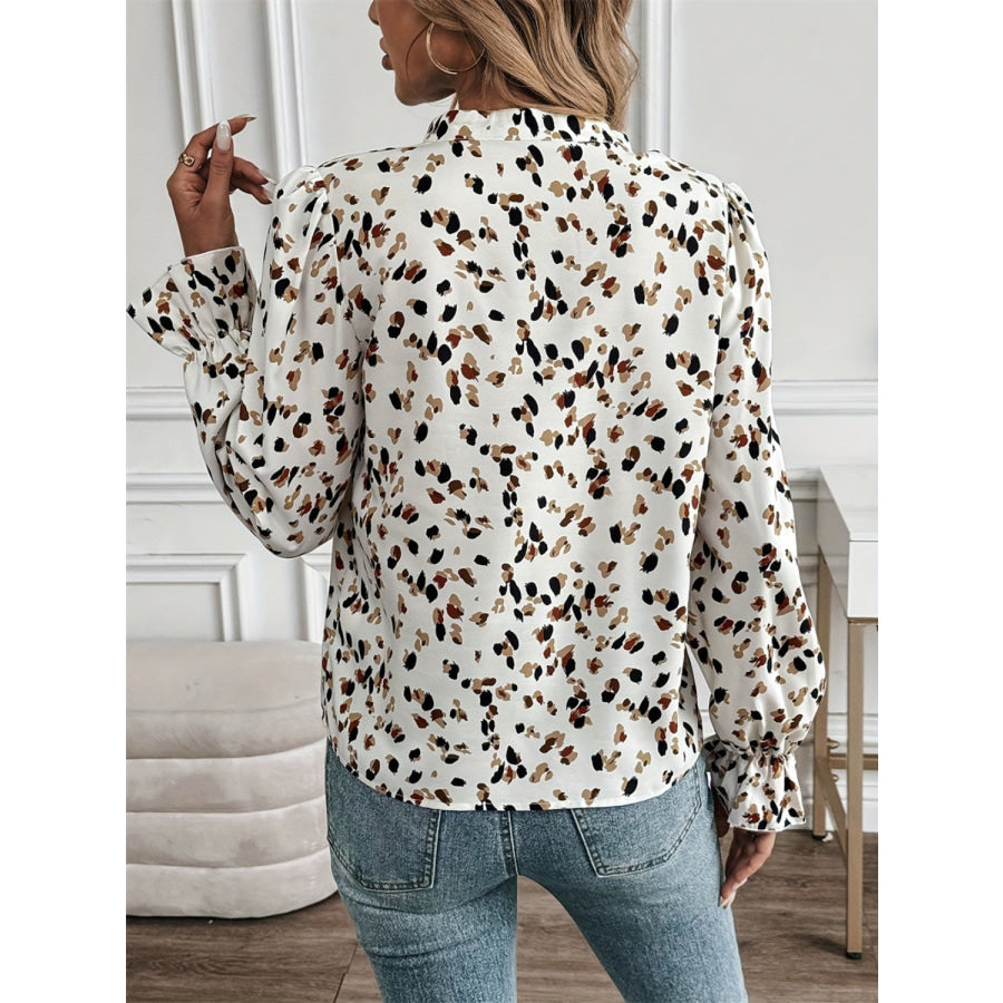 Printed Notched Flounce Sleeve Blouse Apparel and Accessories