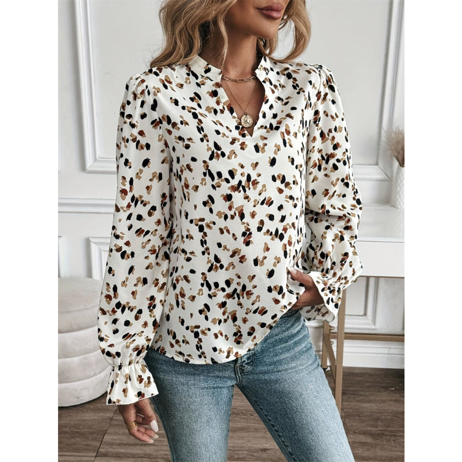 Printed Notched Flounce Sleeve Blouse Apparel and Accessories