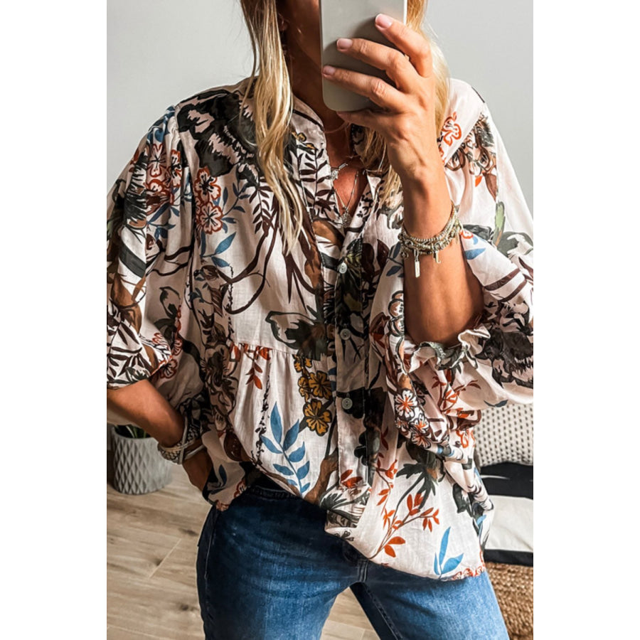 Printed Notched Flounce Sleeve Blouse Apparel and Accessories