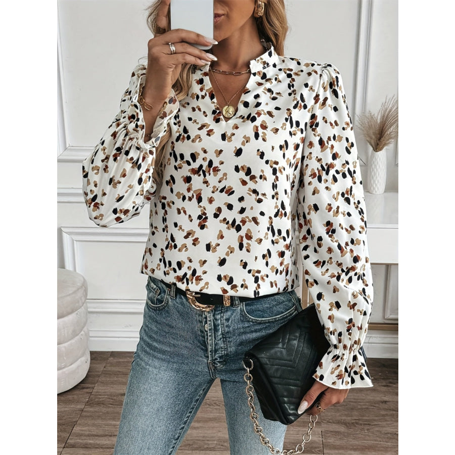 Printed Notched Flounce Sleeve Blouse Apparel and Accessories