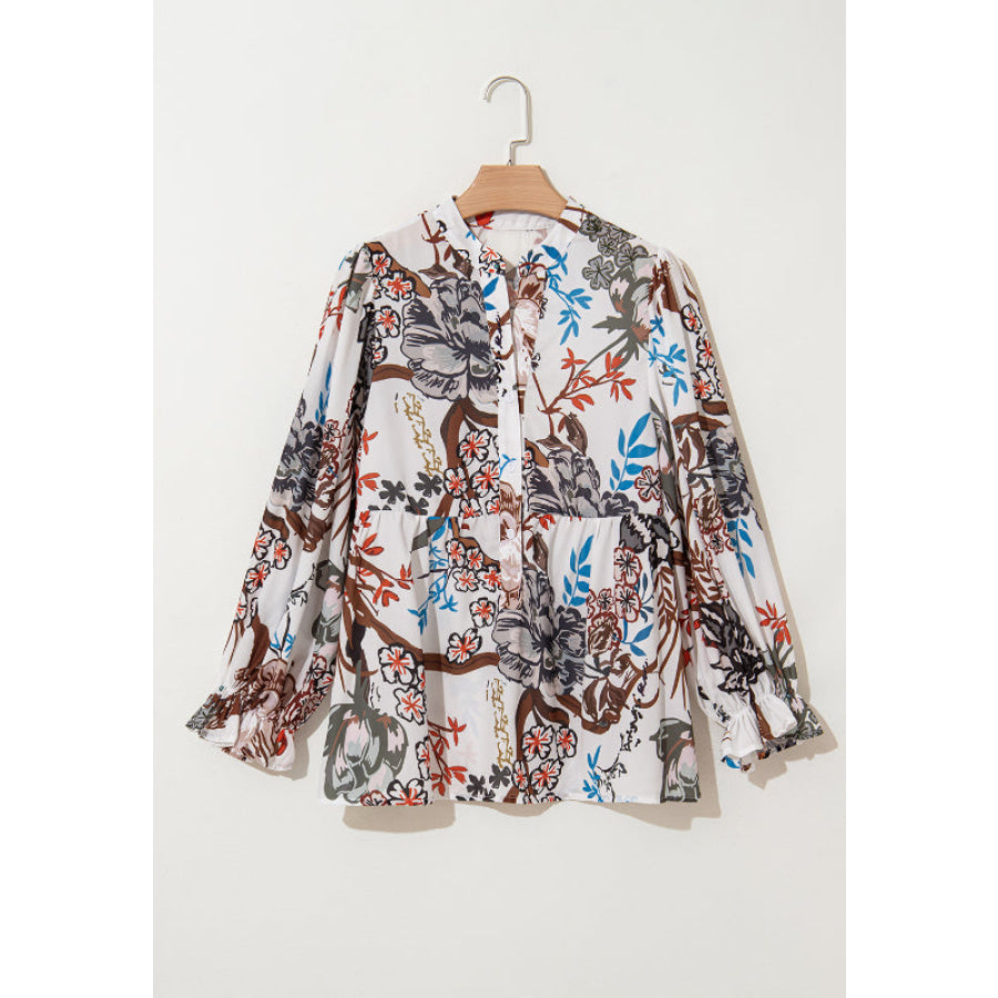 Printed Notched Flounce Sleeve Blouse Apparel and Accessories