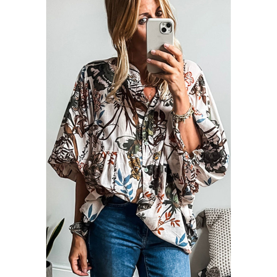 Printed Notched Flounce Sleeve Blouse Apparel and Accessories