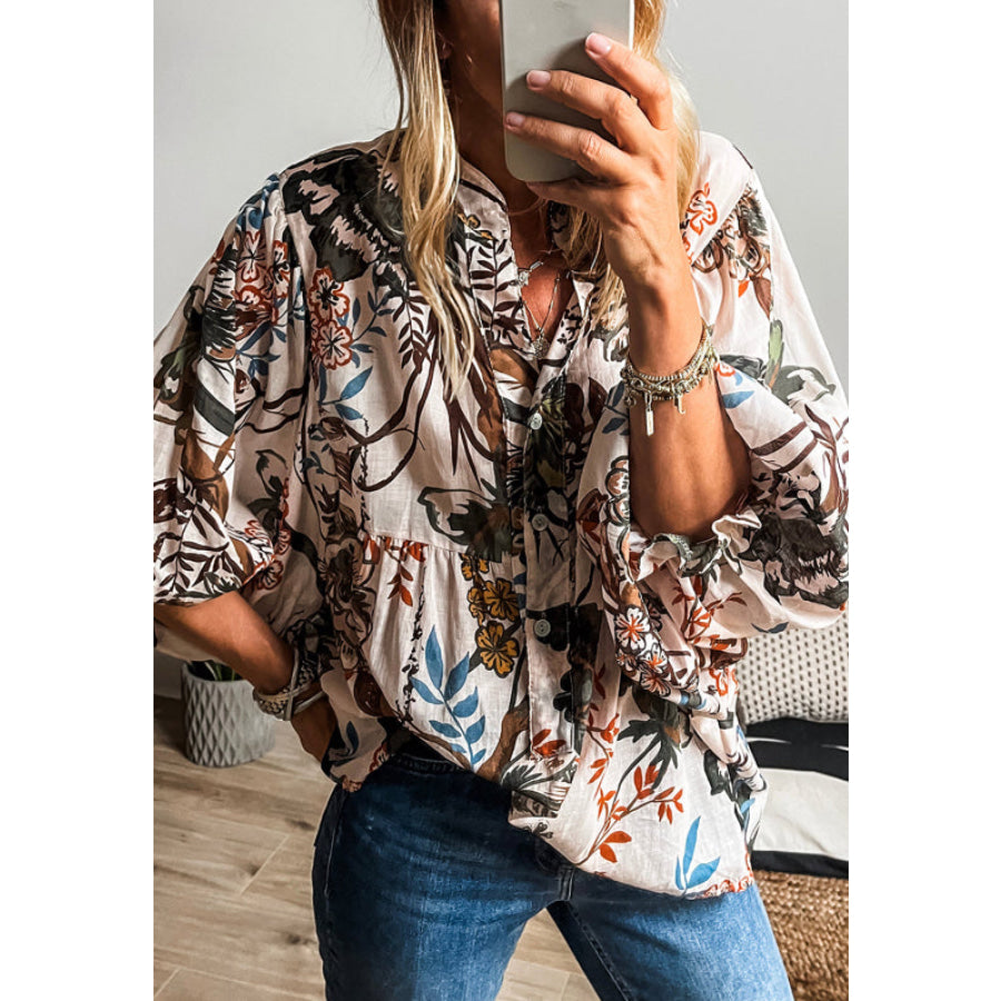 Printed Notched Flounce Sleeve Blouse White / S Apparel and Accessories