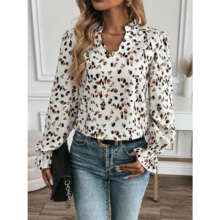 Printed Notched Flounce Sleeve Blouse White / S Apparel and Accessories