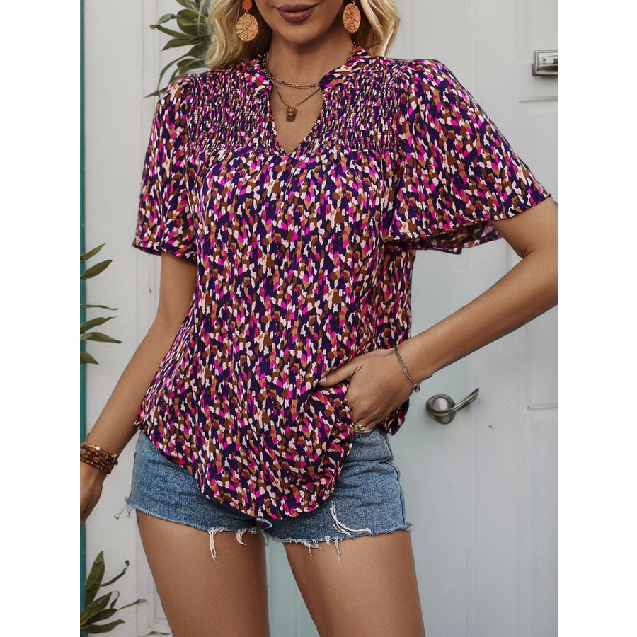 Printed Notched Flutter Sleeve Blouse Apparel and Accessories