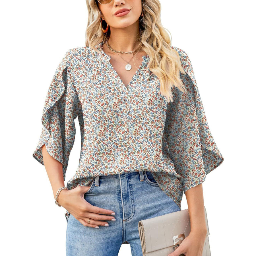 Printed Notched Half Sleeve Blouse Apparel and Accessories