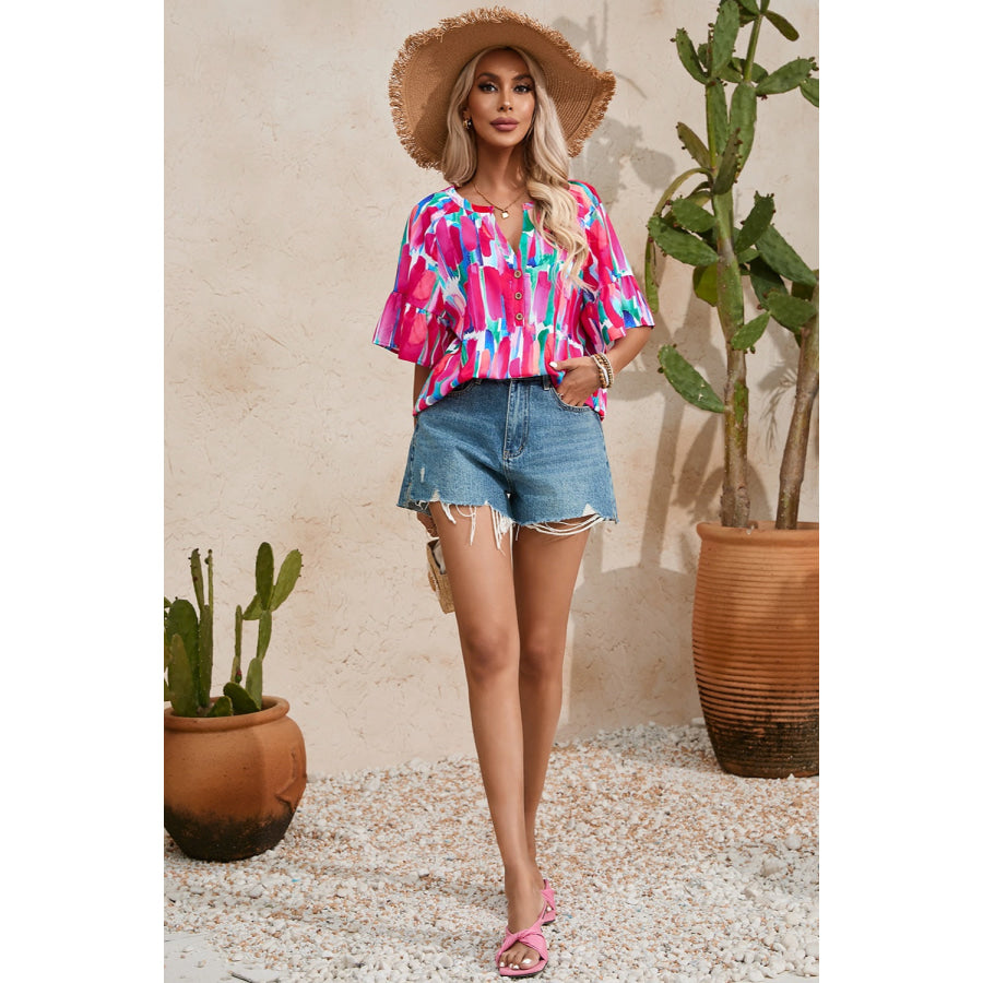 Printed Notched Half Sleeve Blouse Apparel and Accessories