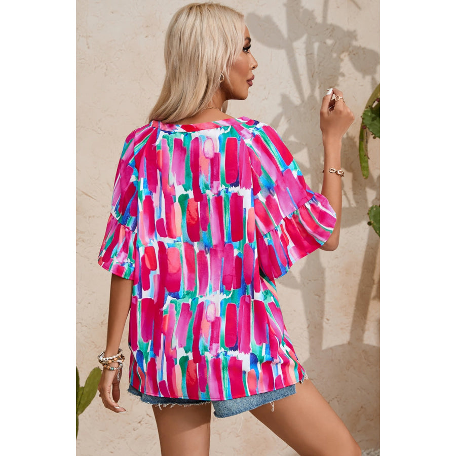 Printed Notched Half Sleeve Blouse Apparel and Accessories