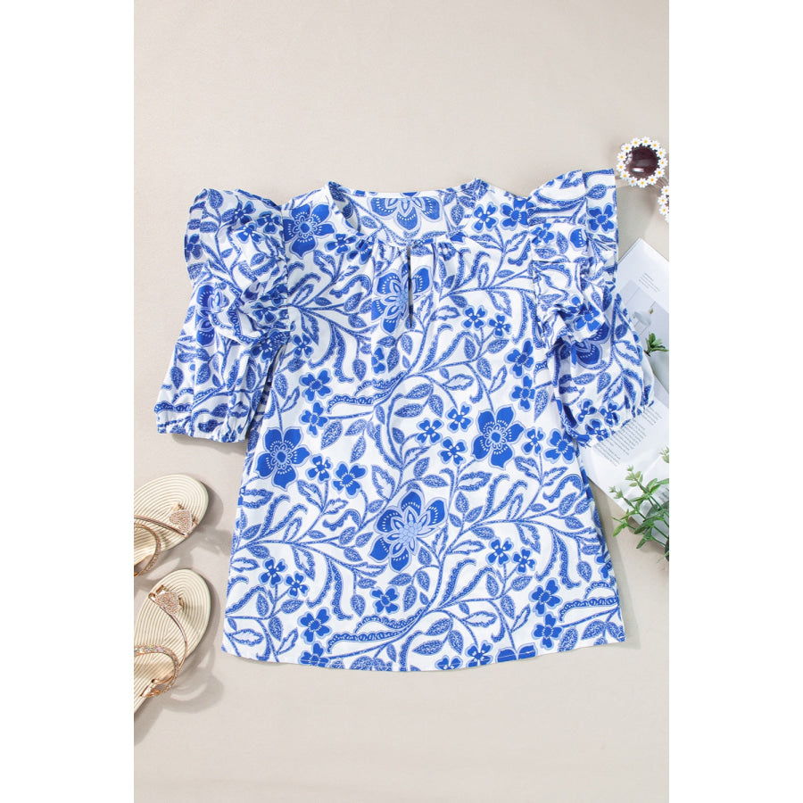 Printed Notched Half Sleeve Blouse Apparel and Accessories