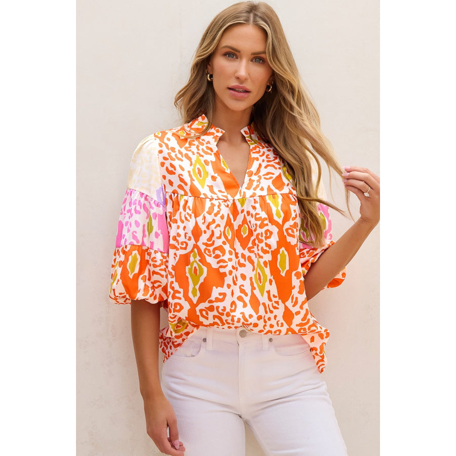 Printed Notched Half Sleeve Blouse Apparel and Accessories