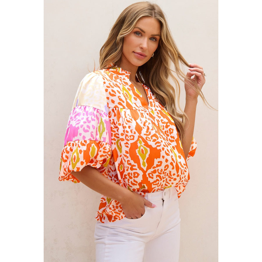 Printed Notched Half Sleeve Blouse Apparel and Accessories