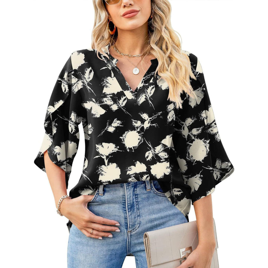 Printed Notched Half Sleeve Blouse Apparel and Accessories