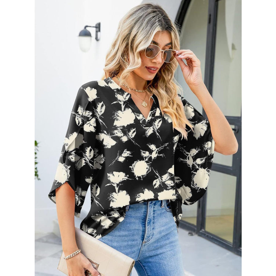 Printed Notched Half Sleeve Blouse Apparel and Accessories