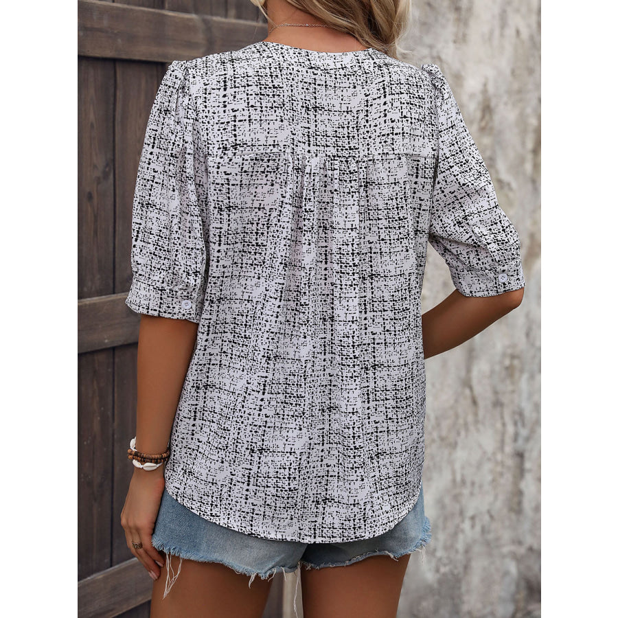 Printed Notched Half Sleeve Blouse Apparel and Accessories