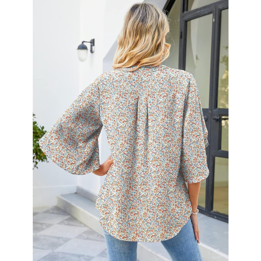 Printed Notched Half Sleeve Blouse Apparel and Accessories