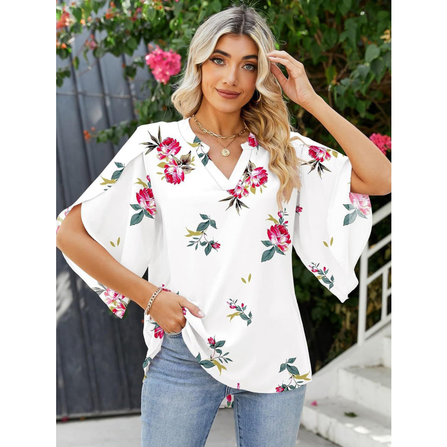 Printed Notched Half Sleeve Blouse Apparel and Accessories