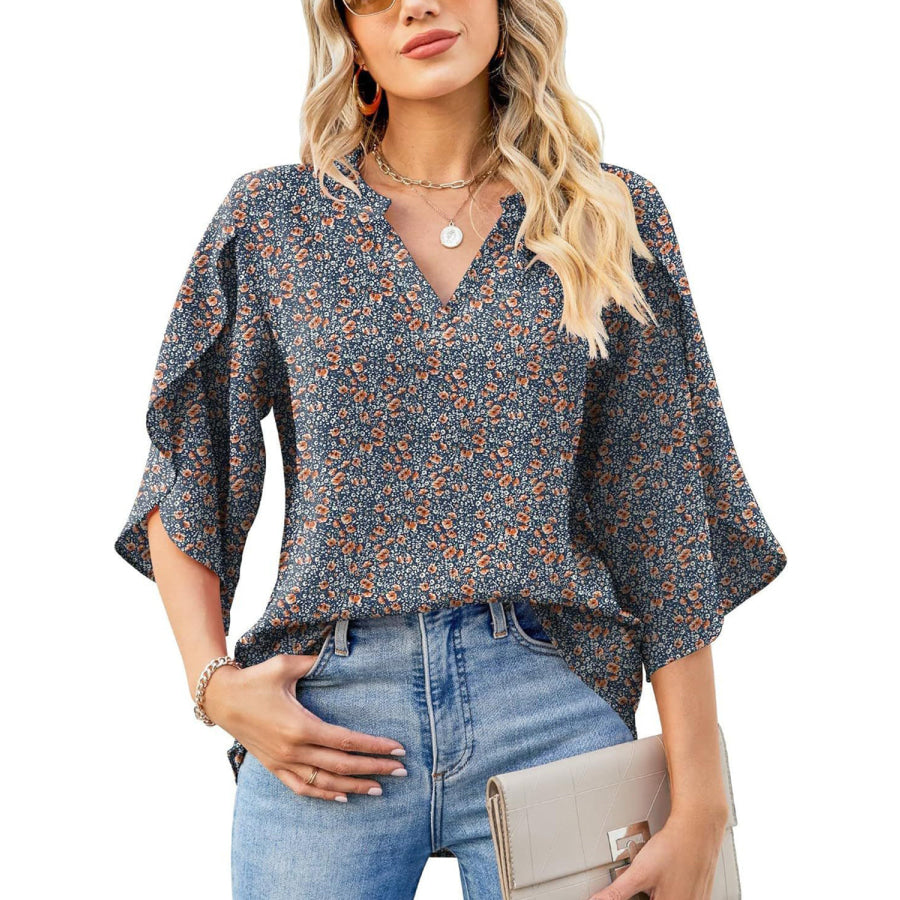 Printed Notched Half Sleeve Blouse Apparel and Accessories