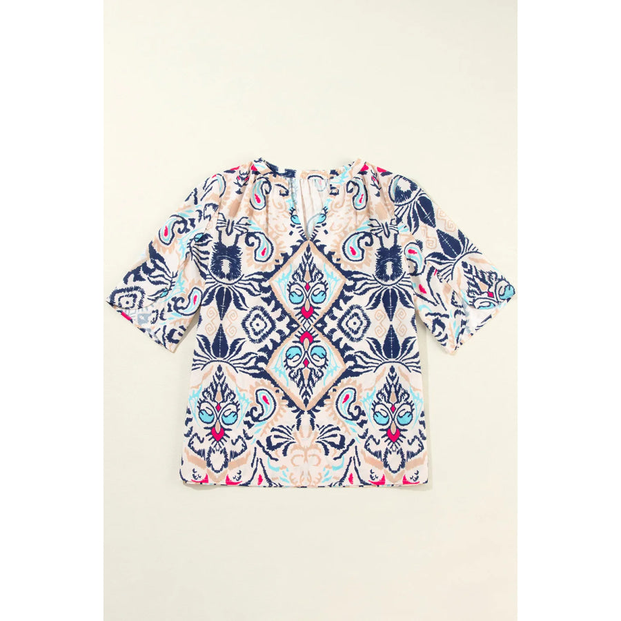 Printed Notched Half Sleeve Blouse Apparel and Accessories