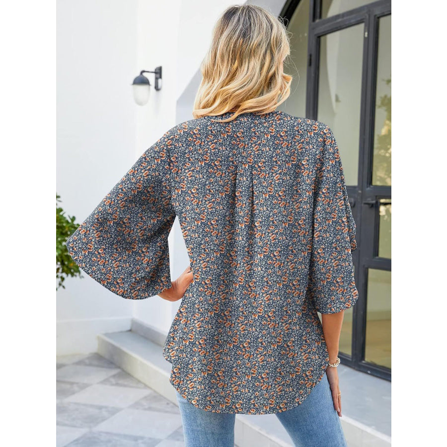 Printed Notched Half Sleeve Blouse Apparel and Accessories