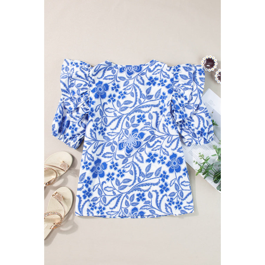 Printed Notched Half Sleeve Blouse Apparel and Accessories