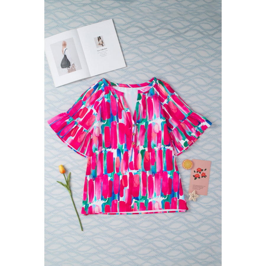 Printed Notched Half Sleeve Blouse Apparel and Accessories