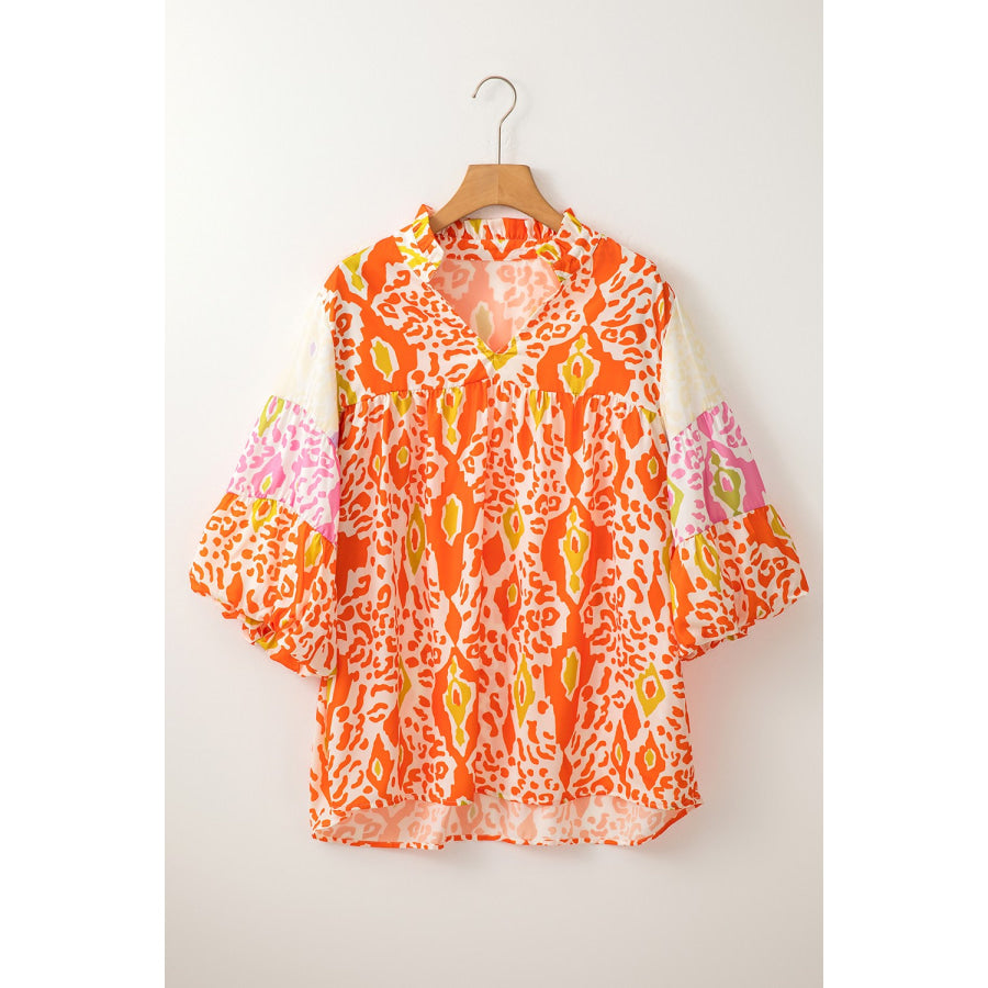 Printed Notched Half Sleeve Blouse Apparel and Accessories