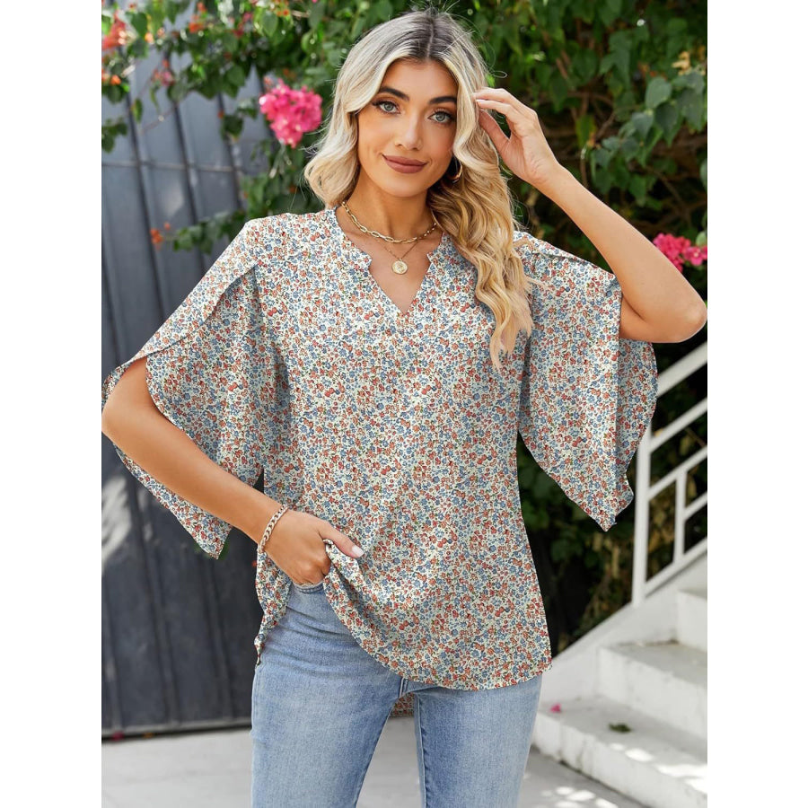 Printed Notched Half Sleeve Blouse Apparel and Accessories