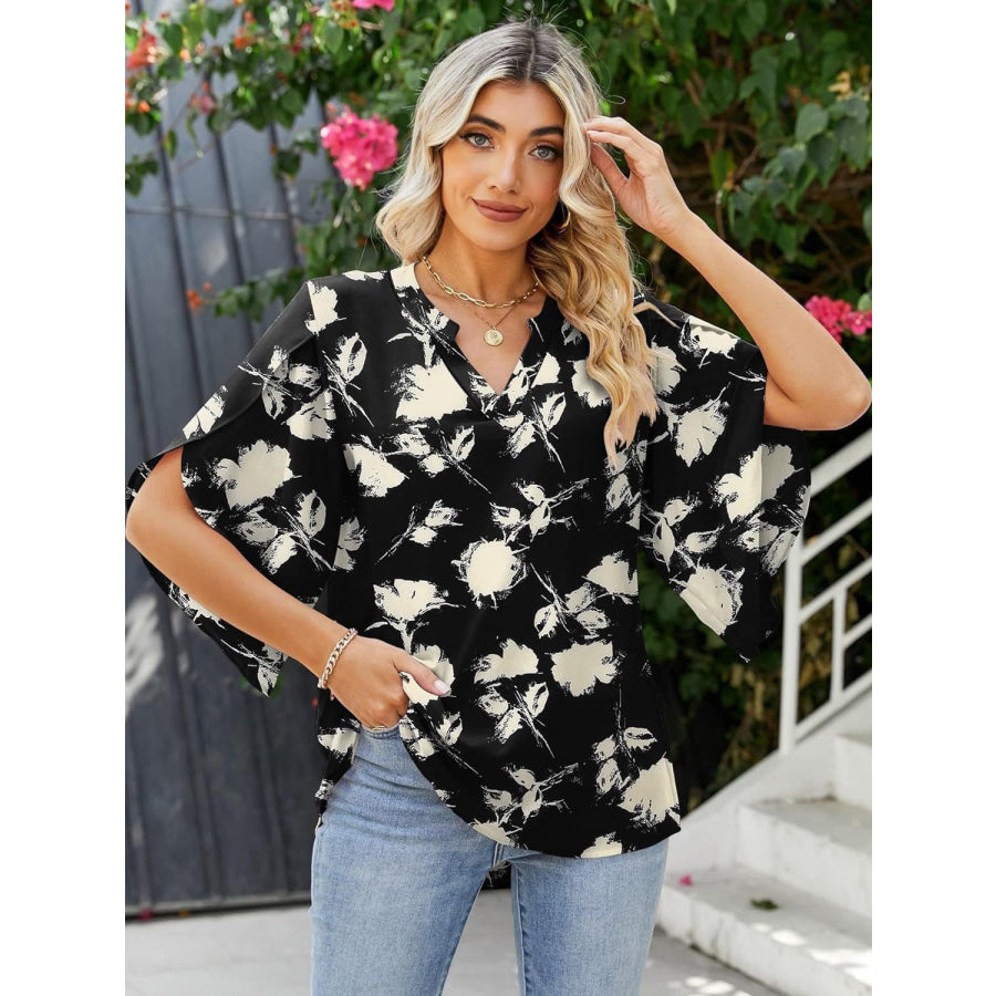 Printed Notched Half Sleeve Blouse Apparel and Accessories