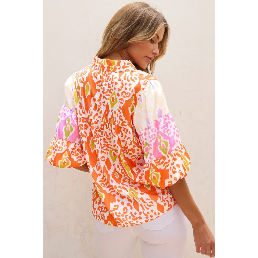 Printed Notched Half Sleeve Blouse Apparel and Accessories