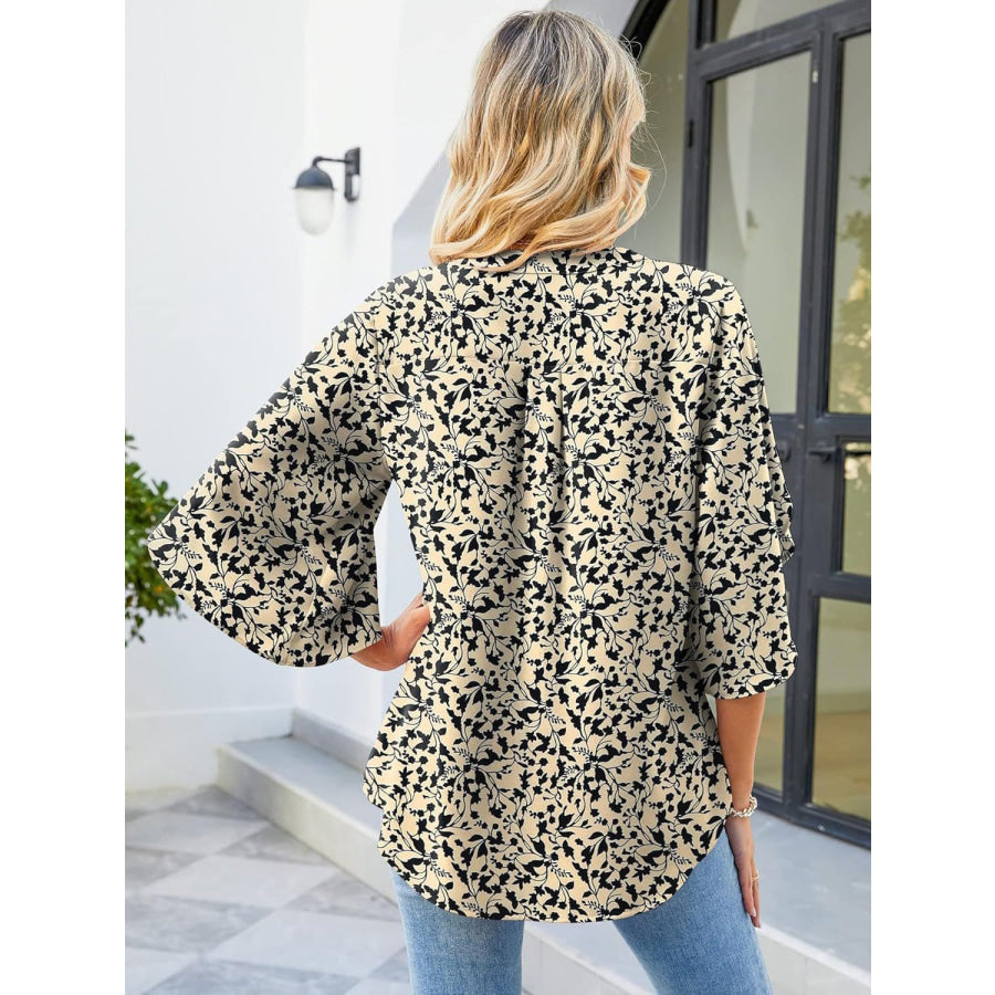 Printed Notched Half Sleeve Blouse Apparel and Accessories